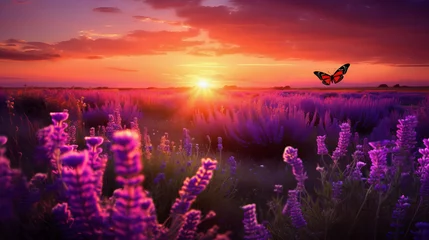 Foto op Canvas Beautiful landscape sunset field with lavender flowers. © Kassandra