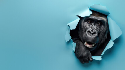 Engaging photograph of a chimpanzee peeking through a blue torn paper, representing peeking or snooping