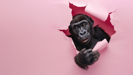 The arm of a gorilla powerfully tears open a hole in the pink paper, symbolizing persistence and determination