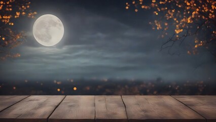 Empty wooden table and full moon night background. product display template. - obrazy, fototapety, plakaty