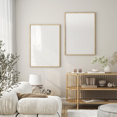 Obraz premium Frame mockup, ISO A paper size. Living room wall poster mockup. Interior mockup with house background. Modern interior design. 3D render 