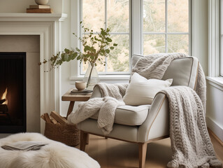 photo of cozy corner of the living room with chair and blanket, fireplace 