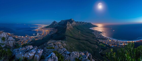 Panoramic moonlit table mountain view from lion’s head, cape town, south africa - majestic nighttime landscape