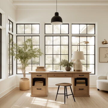 photo of desk in sunlit room white walls, work from home, home office 