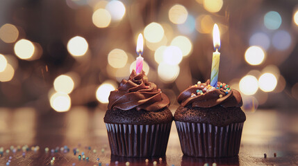 Dos magdalenas de chocolate decoradas con una vela en primer plano para celebrar fiesta de cumpleaños.  - obrazy, fototapety, plakaty