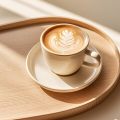 photo of white coffee cup on wood tray, latte or cappuccino with design