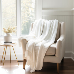 photo of white armchair with soft blanket, sunlit room in a modern interior room, cozy home details