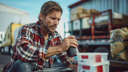 Man taking a coffee break outside a warehouse.