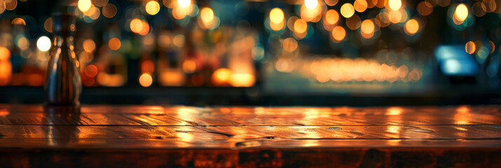 empty wood table top with blurred bar in background, with bokeh lights.for product display montage. Concept for advertising design, layout presentation.banner. empty wooden table on bokeh light 