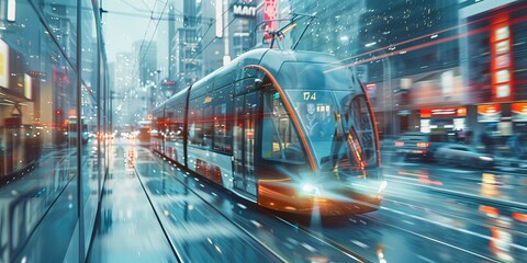 A train is traveling down a wet street in a city - obrazy, fototapety, plakaty
