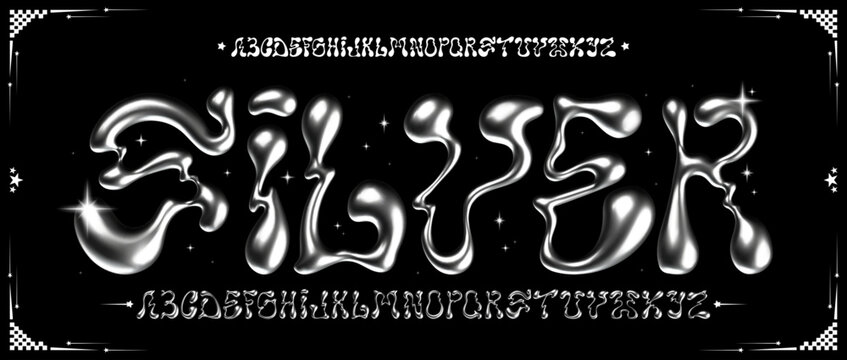 Glossy metallic silver font. Liquid metal Inflated alphabet, 3D ballon letters. Vector typeface set