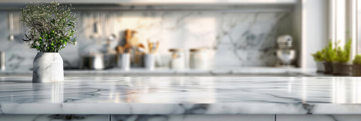 Empty beautiful marble table top counter and blur bokeh modern kitchen interior background in clean and bright,Banner, Ready for product montage - obrazy, fototapety, plakaty