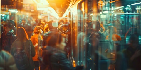 A crowded subway train with people standing in the aisle - obrazy, fototapety, plakaty