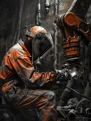 A Welder and Robot A Futuristic Industrial Symphony