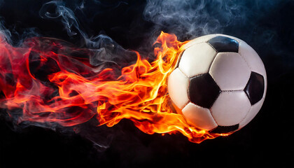 Fototapeta premium Burning soccer or football ball with smoke. Hot orange flame. Active sport. Black background.