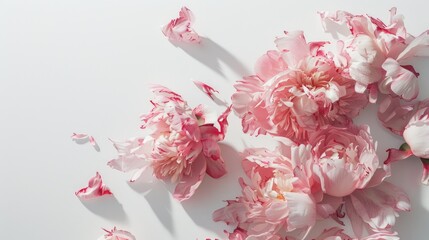 broken peonies against a white background, offering plenty of empty space for text, evoking a sense of delicate elegance and artistic expression.
