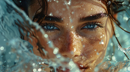 Close-up of a woman with water splashes.