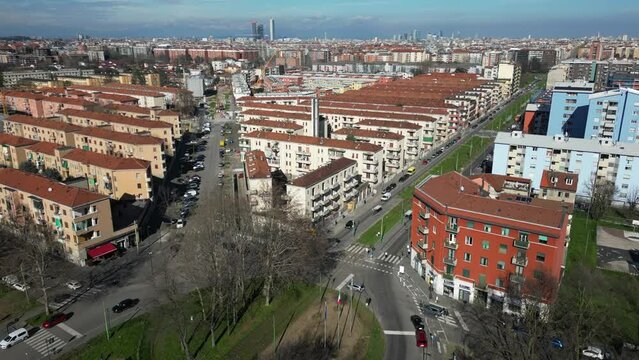 Italy, Milan 03-14-2024 Aler public housing blocks to be demolished in the suburban neighborhood of Giambellino Lorenteggio - Drone view of occupied poor homes - urban redevelopment of the suburbs