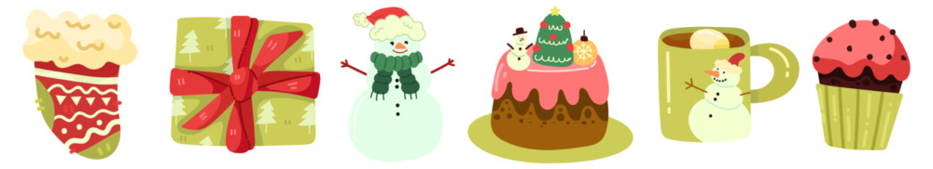 Christmas Items Set. Christmas cakes,  drinks, socks, gifts and sweets. Winter New Year elements. Vector hand draw illustration