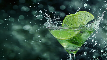 Clear cocktail in Martini glass, decorated with lime, with splash, studio shot - Powered by Adobe