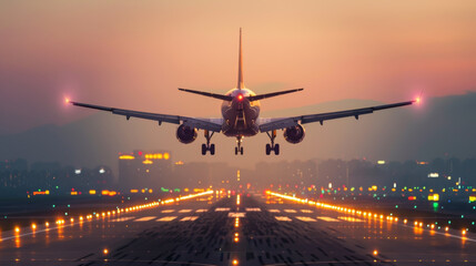 Passenger commercial plane landing at sunset, passenger airplane transport. - obrazy, fototapety, plakaty