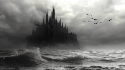 Dark gloomy castle on small rocky island in sea - obrazy, fototapety, plakaty