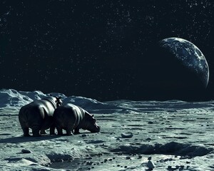 A serene scene of hippos in ballet poses on a blank lunar landscape