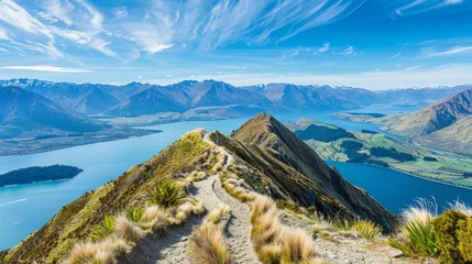 Poster Hiking adventure: roys peak mountain trek, wanaka, new zealand - popular tourism destination with stunning landscape background © Ashi