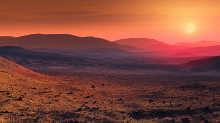 Sunset on Mars, red barren lifeless land