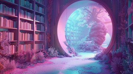 A whimsical portal to a magical book world surrounded by pastel hues - obrazy, fototapety, plakaty