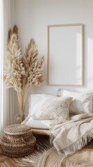 a vertical frame mockup placed on a wooden floor within a living room interior, accented with dried pampas grass, a woven basket, a cozy blanket, exuding warmth and comfort.
