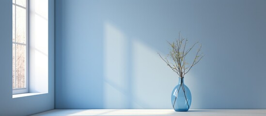 Empty interior with blue wall, vase, and window.