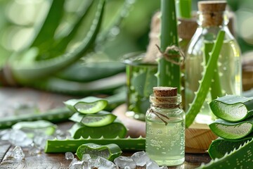 Cosmetic essence from the Aloe Vera plant, bottles with essence next to Aloe Vera leaves