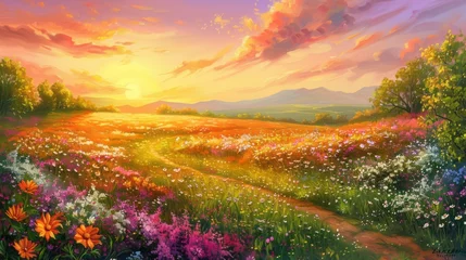 Deurstickers Vibrant sunrise over blossoming meadow in serene rural landscape © Ashi