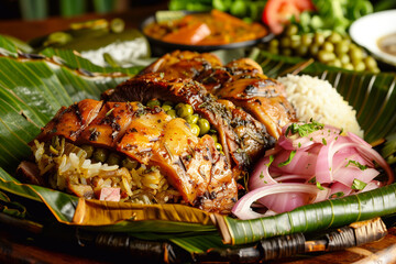 Lechona Asada - a traditional dish from the Atlantic region of Colombia, which includes roasted pork stuffed with rice, peas, onions, and spices, often cooked in banana leaves. - obrazy, fototapety, plakaty