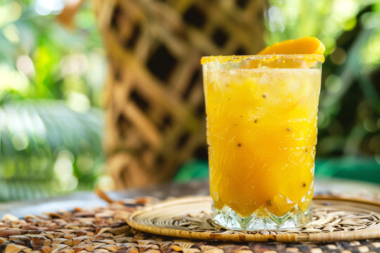 Traditional Colombian beverage made of juice and pieces of lulo. lulada drink. Solanum quitoense