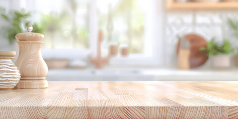 Fototapeta na wymiar Empty wood table top counter and blur bokeh modern kitchen interior background in clean and bright,Banner, Ready for product montage, 