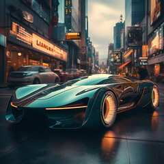 A futuristic car on a sleek city street. 