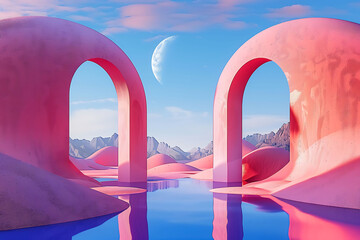 Obraz na płótnie Canvas Abstract, 3D Render panoramic perspective, arches, and a pedestal for displaying a product in a surreal pastel landscape background vivid dune scene with clouds, blue sky, and copy space minimalist in