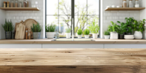 Empty wood table top counter and blur bokeh modern kitchen interior background in clean and bright,Banner, Ready for product montage, 