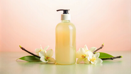 Natural Vanilla Scented Liquid Soap with Orchid Flowers. Fancy bottle with a dispenser.