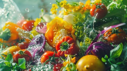 Dynamic photo capturing a splash of water through vibrant salad ingredients for a fresh and healthy meal