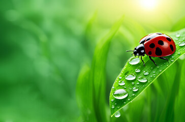 Ladybug on young green leaves and drops of morning dew glow in sunlight in nature. Natural background with water drops and copy space. This photo was created using Playground AI 