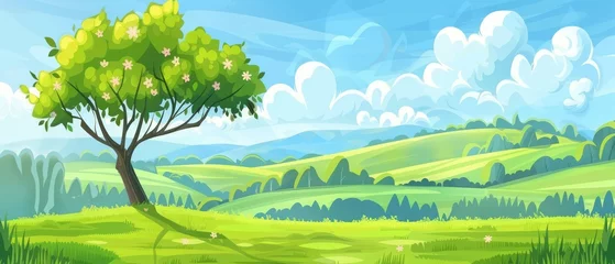 Rolgordijnen Cartoon illustration: vibrant spring meadow with trees, blue sky, and green hills - fresh green landscape scene © Ashi