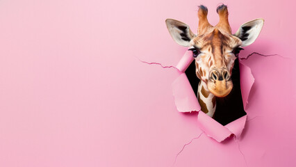 The giraffe's head poking through a tear in pink paper provides a playful image with a pop of...