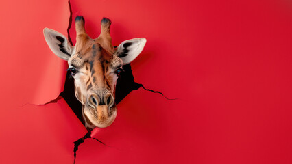 The image captures a giraffe's face looking forward through a jagged hole in red paper, drawing a...
