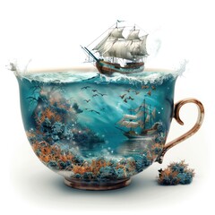 Ocean teacup with white background, sailboat style, surreal style - obrazy, fototapety, plakaty