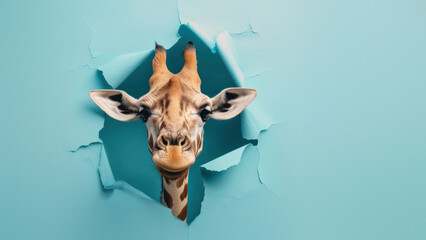 Creative image of giraffe's head poking through a hole in a blue background, portraying surprise and curiosity