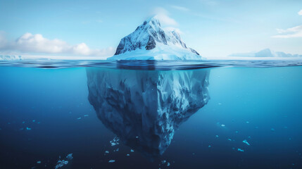 photography capturing the stark contrast between the visible part of an iceberg and its larger hidden underwater section