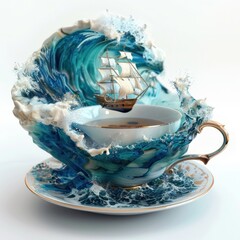 Ocean teacup with white background, sailboat style, surreal style